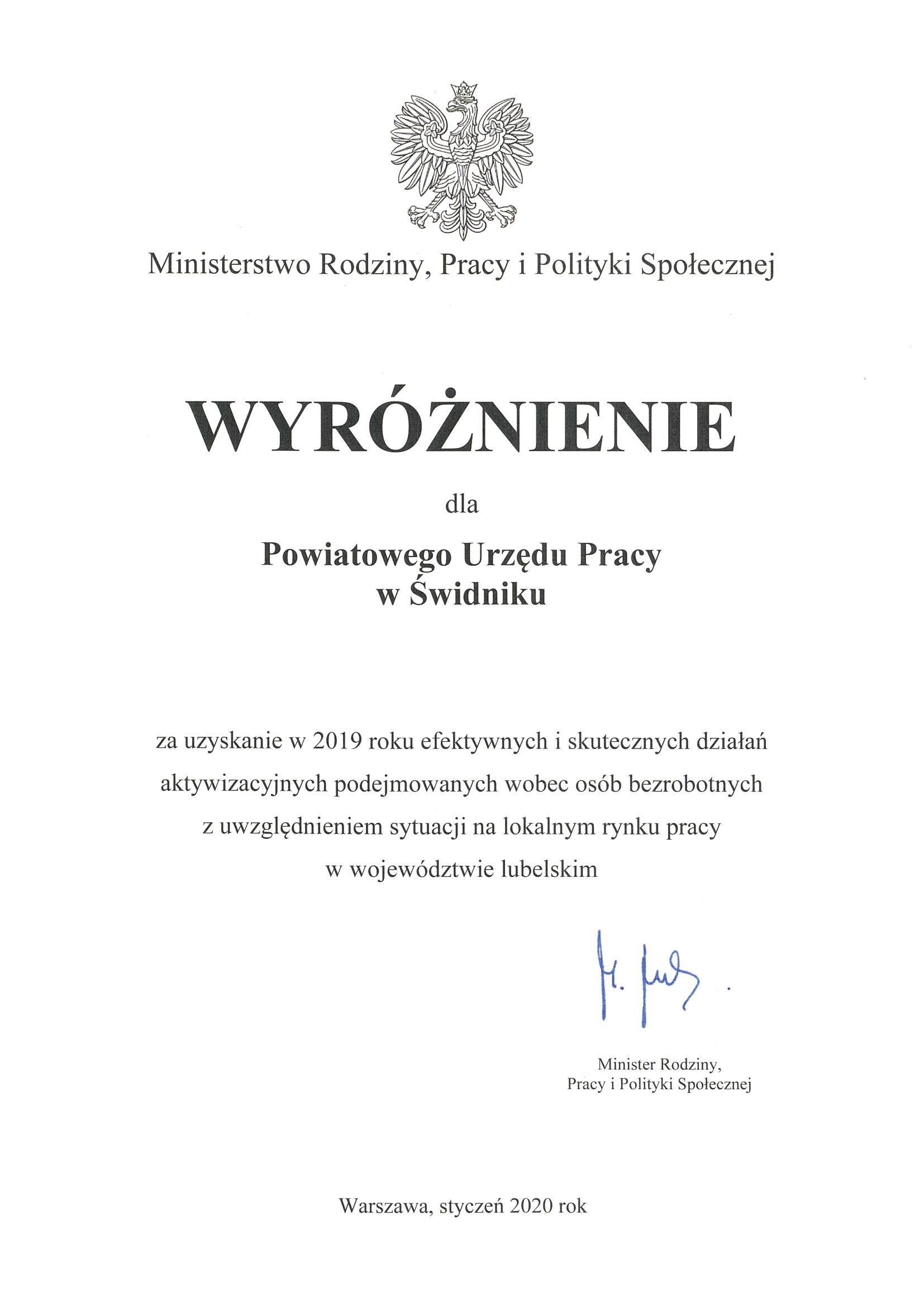 WYRÓŻNIENIE MINISTRA RODZINY PRACY I POLITYKI SPOŁECZNEJ