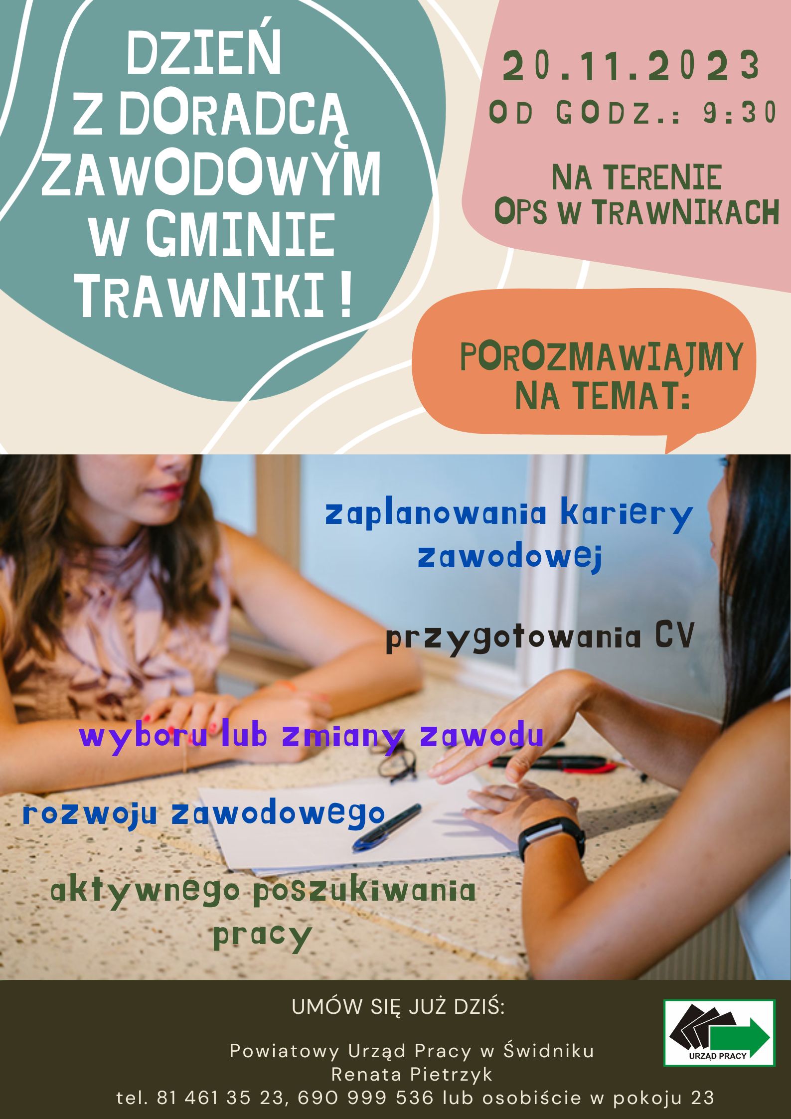 Plakat wydarzenia - Dzień z doradcą zawodowym w gminie Trawniki 20.11.2023